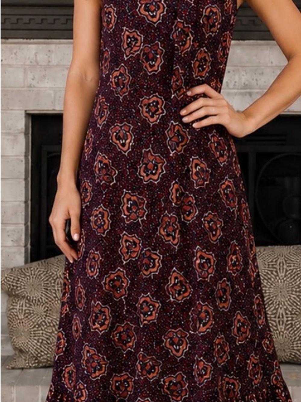 Sleeveless Burgundy Floral Maxi Dress with Rust Accents